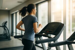 ジムでランニングしている女性