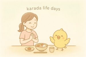 健康的な食事を前にして喜ぶ女性とひよこのイラスト