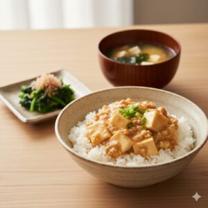 豆腐とそぼろの和風あんかけ丼を中心とした食事