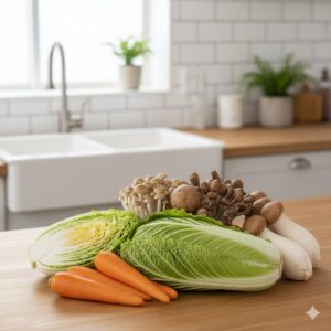 テーブルの上に野菜ときのこが置かれている