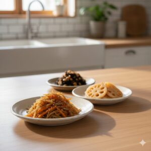 テーブルの上にきんぴらごぼう、ひじきなどが並んでいる