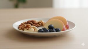 お皿にナッツと果物が入っている様子