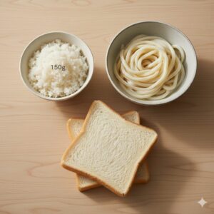 白米、うどん、食パンがテーブルに並んでいる様子