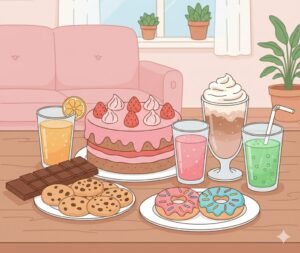 テーブルの上にたくさんのスイーツが並んだ様子