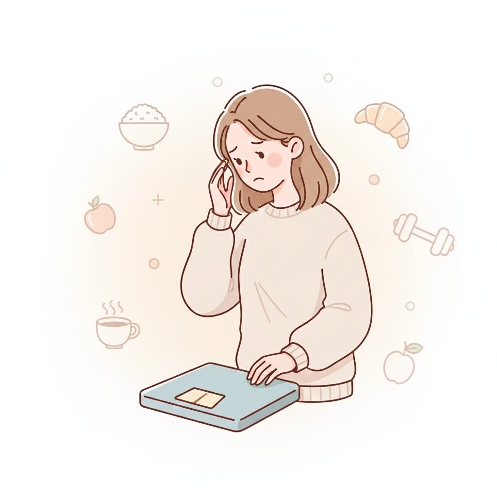 体重計の前で悩んでいる女性のイラスト