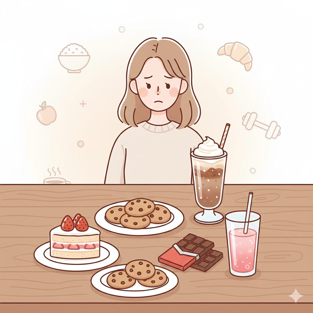 甘いスイーツを前に悩んでいる女性のイラスト