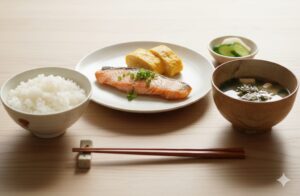 焼き鮭と卵焼きが並んだ食卓