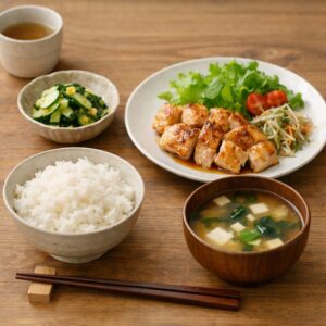 鶏肉を主食とした和食がテーブルに並んでいる様子