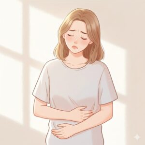 胃の辺りを押さえ、不調そうな様子の女性のイラスト