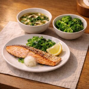 糖質制限中の夜ごはんのイメージ。鮭のソテーとサラダとスープの画像。