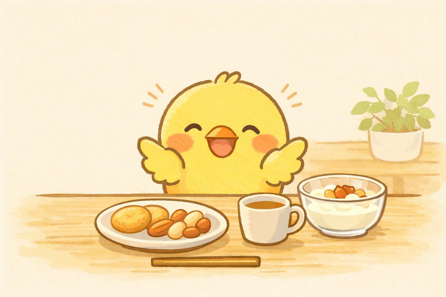 ひよこがおやつを前に喜んでいる様子のイラスト