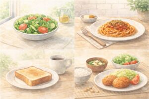 たんぱく質源が少ない傾向にある食事　サラダ　パスタ　パンとコーヒー　コロッケ