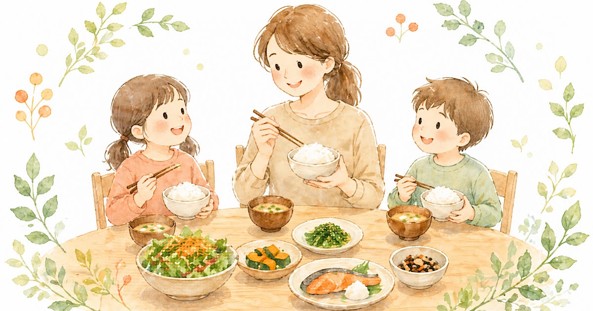 お母さんと二人の子どもが食卓を囲み、和食を楽しんでいる水彩イラスト