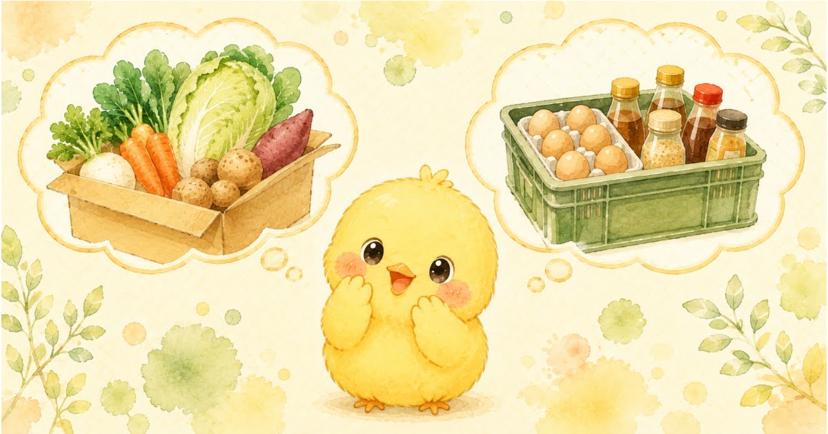 2つの食材宅配を思い浮かべているひよこのイラスト。野菜の入った段ボール箱と、卵や調味料の入った緑のケース