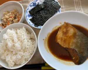 SONOKOお試し1週間献立の1日目の夕食。国産真さばの味噌煮、鶏そぼろ入りうの花、ごはん180g、焼海苔