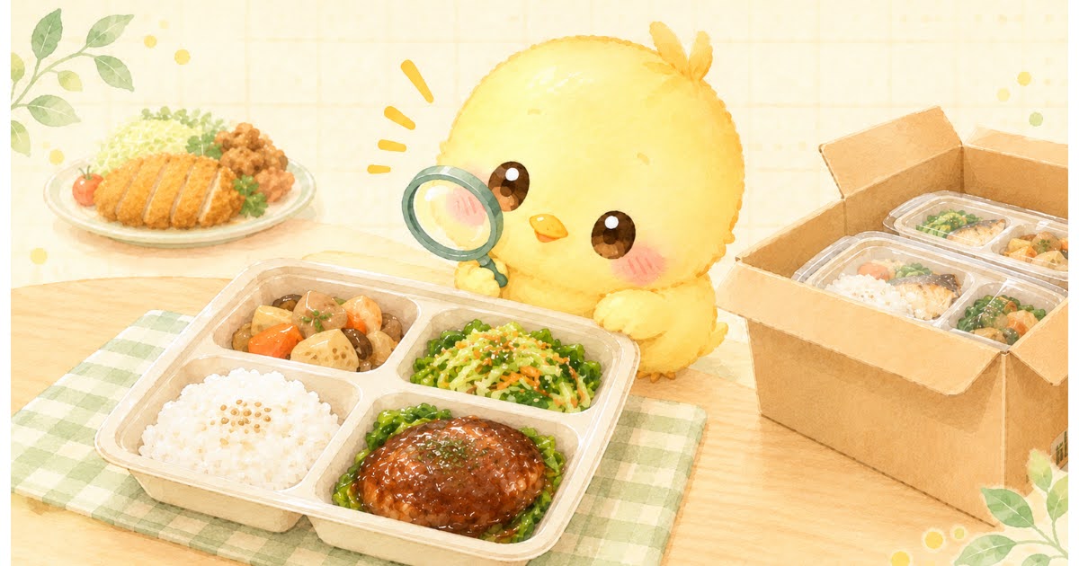 ハンバーグが入った宅食のお弁当を虫めがねでのぞきこむひよこのイラスト